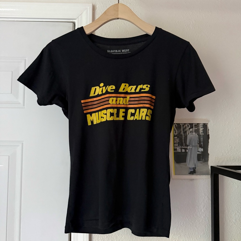 Electric West black cotton muscle‎ cars dive bars text crew neck tee t-shirt